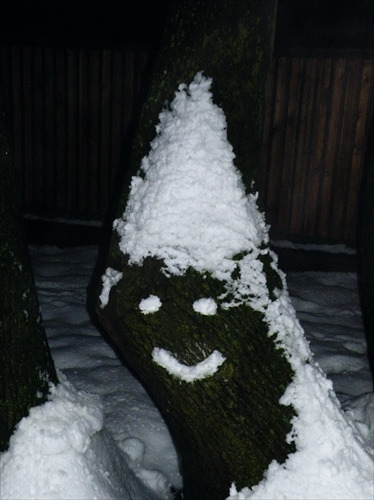 stromový snehuliak večer