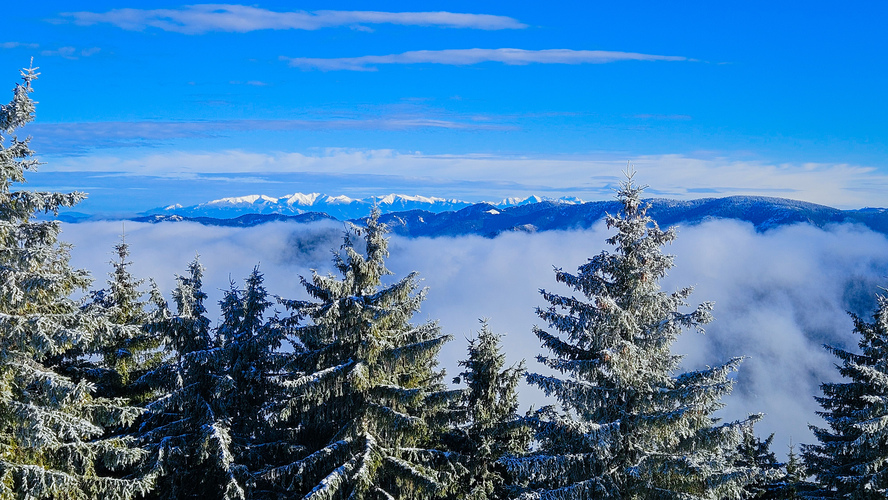 Pohľad z Lysca vo Veľkej Fatre na Západné a Vysoké Tatry