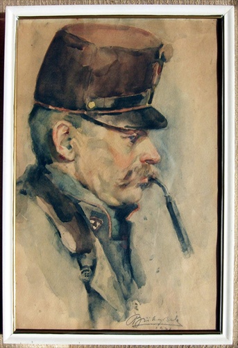 Büki Béla: Starý vojak s fajkou (1921) - tempera (24x36)