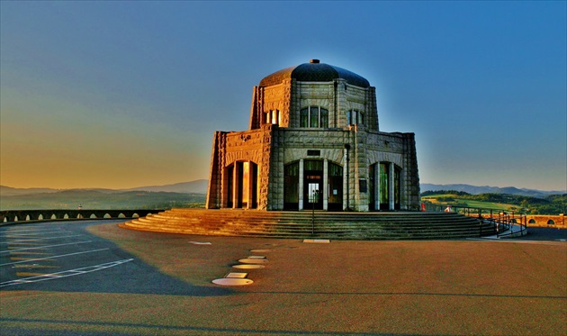 Vista House over Gorge and Columbia River at the Sunset